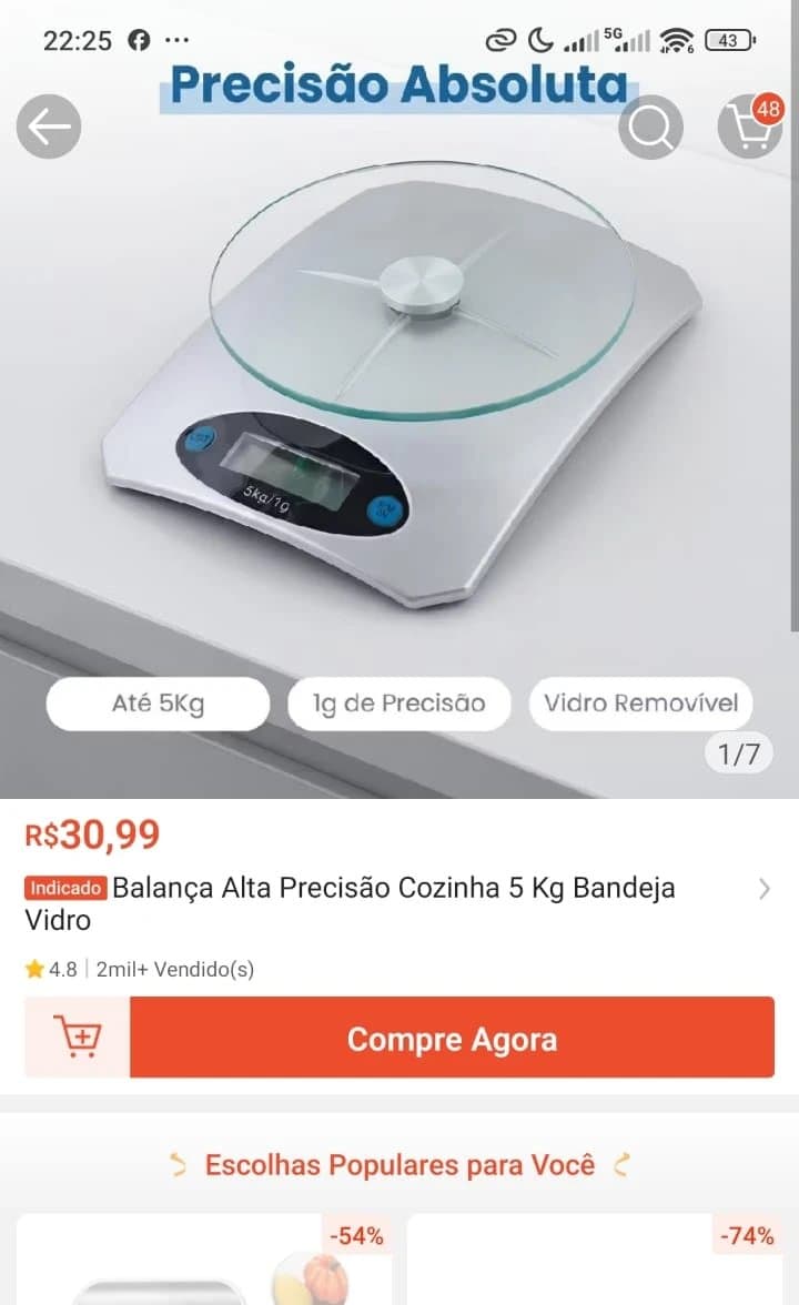 Balança Alta Precisão Cozinha 5kg Bandeja Vidro