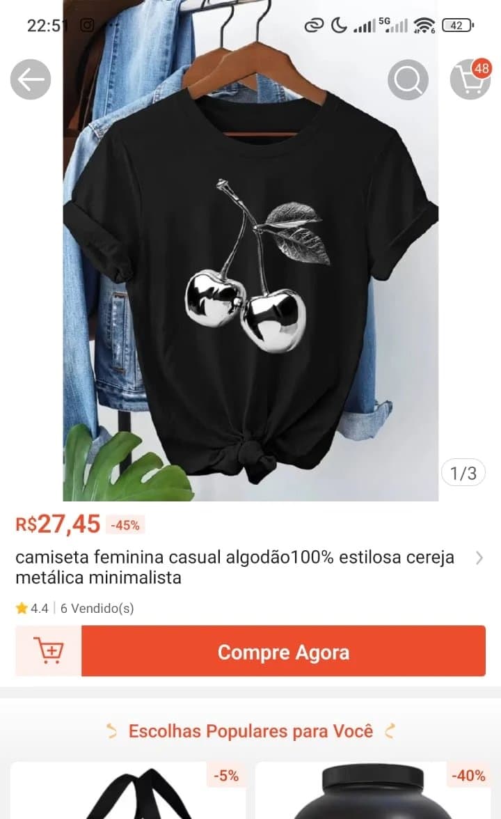 Camiseta Feminina Casual Algodão 100% Estilosa Cereja Metálica Minimalista