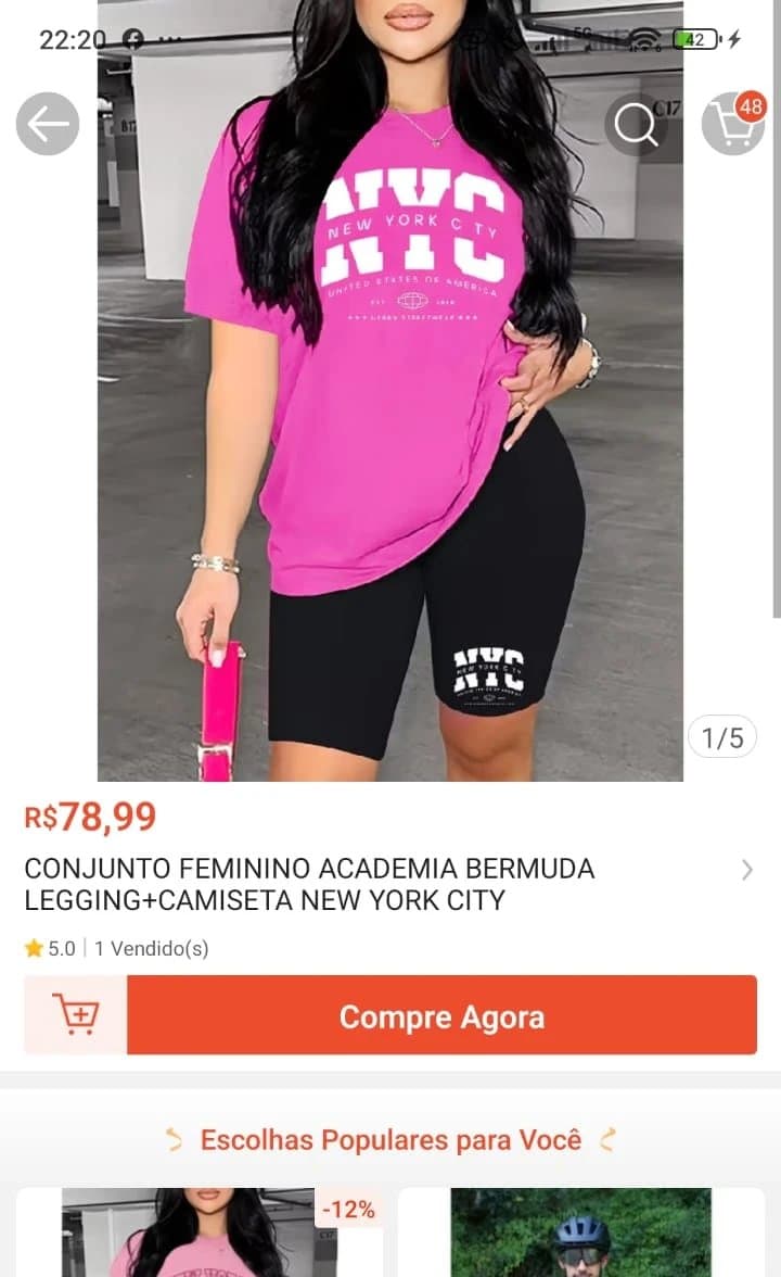 Conjunto Feminino Academia Bermuda Legging+Camiseta New York City