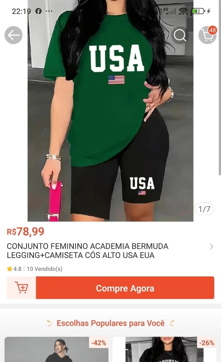 Conjunto Feminino Academia Bermuda Legging+Camiseta Cós Alto USA EUA