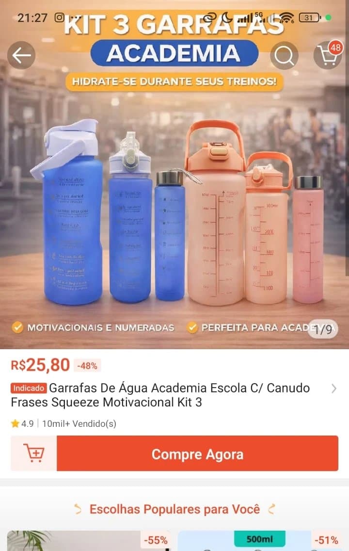Garrafas De Água Academia Escola Com Canudo Frases Squeeze Motivacional Kit 3