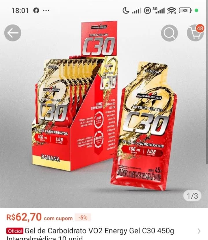 Gel de Carboidrato VO2 Energy Gel C30 450g Integralmédica 10 unid