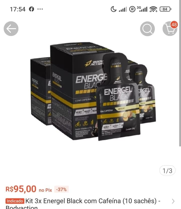 Kit 3x Energel Black com Cafeína (10 sachês) - Bodyaction
