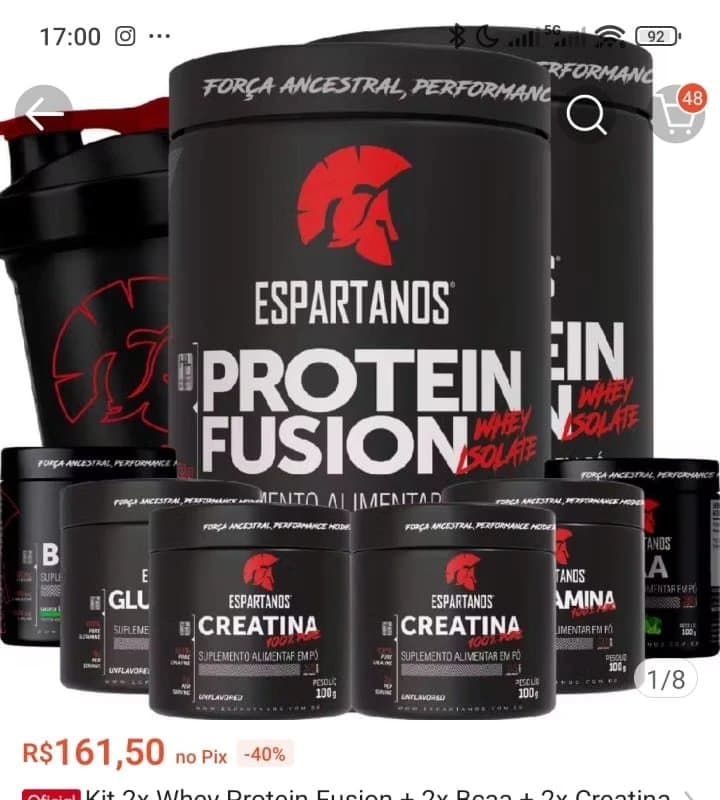 Kit 2x Whey Protein Fusion + 2x Bcaa + 2x Creatina + 2x Glutamina + Coqueteleira - Espartanos
