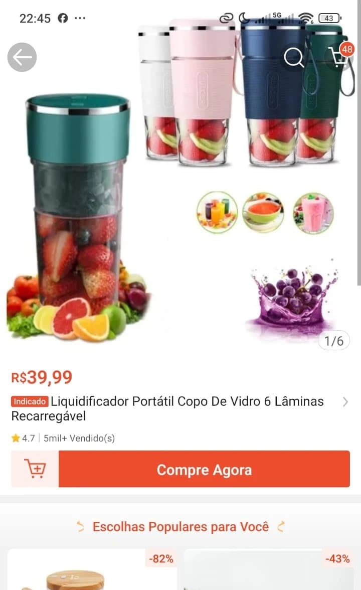 Liquidificador Portátil Copo De Vidro 6 Lâminas Recarregável