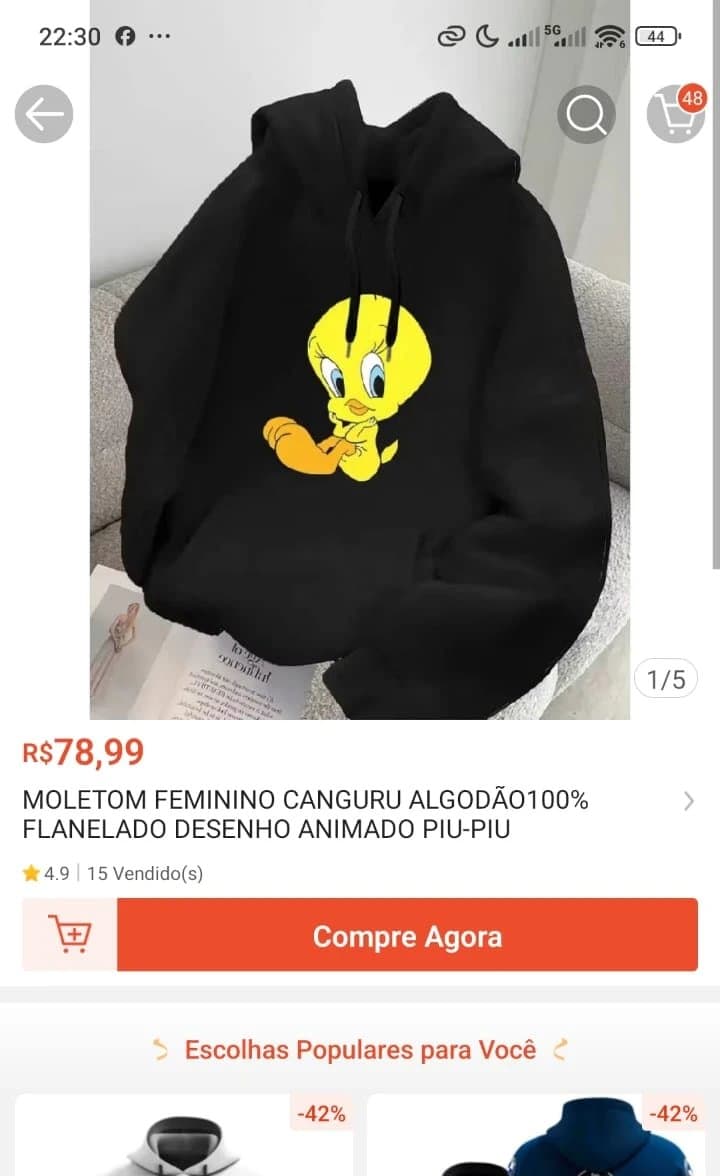 Moletom Feminino Canguru Algodão 100% Flanelado Desenho Animado Piu-Piu
