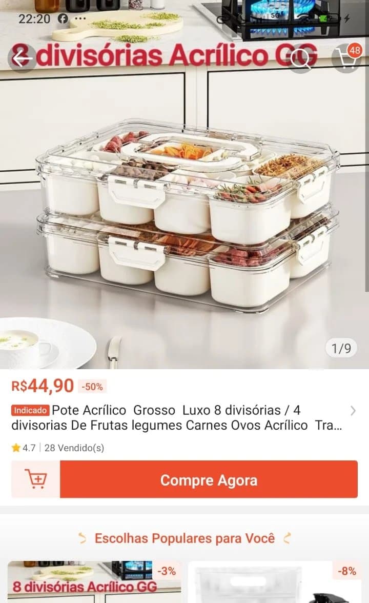 Pote Acrílico Grosso Luxo 8 Divisórias / 4 Divisorias De Frutas Legumes Carnes Ovos