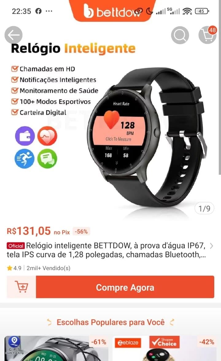 Relógio Inteligente Bettdow, À Prova D'água IP67, Tela IPS Curva de 1,28 Polegadas, Chamadas Bluetooth
