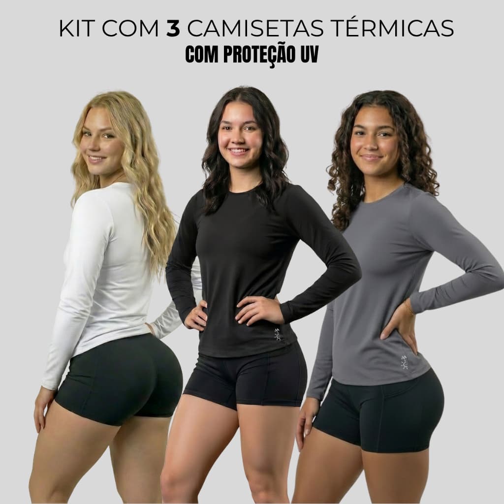 Kit 3 Camiseta Térmica Feminina Segunda Pele Proteção UV Frio Inverno Academia Praia Dry Fit