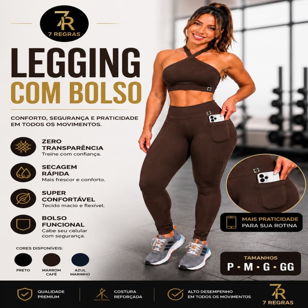Legging Fitness Feminina com Bolso Frontal Suplex Power Zero Transparência Cós Alto Academia 7 Regra